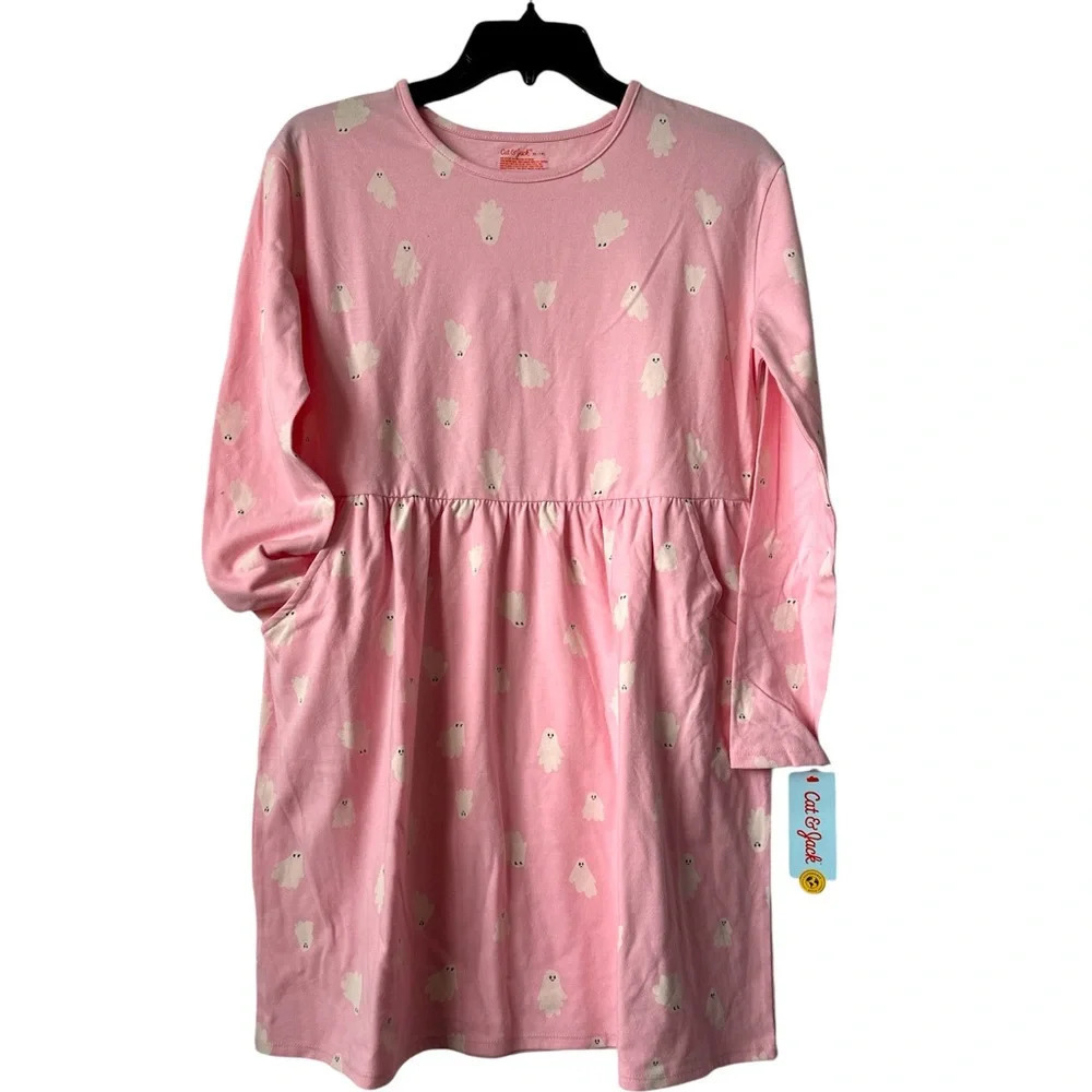 CAT & JACK Kid’s Girl’s Pink Long Sleeves Dress With Pockets Size XL (14)